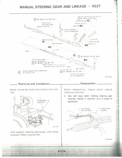 1990 Nissan Micra - This diagram illustrates the components of a manual steering gear and linkage system, detailing its removal and installation.