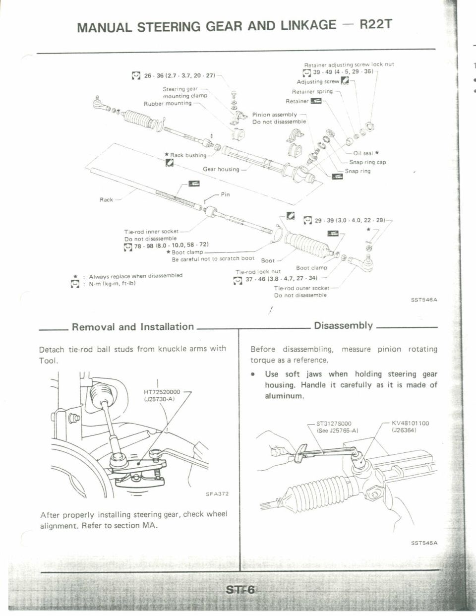 Exploded view of manual steering gear and linkage R22T with rack and tie rods