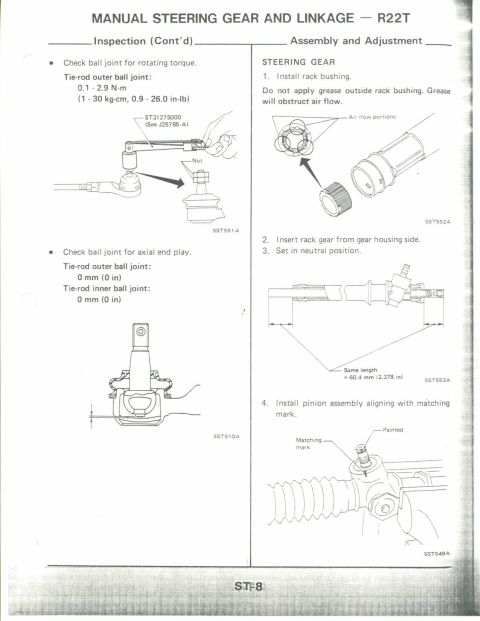 1990 Nissan Micra - This diagram illustrates the assembly and adjustment procedures for manual steering gear and linkage.