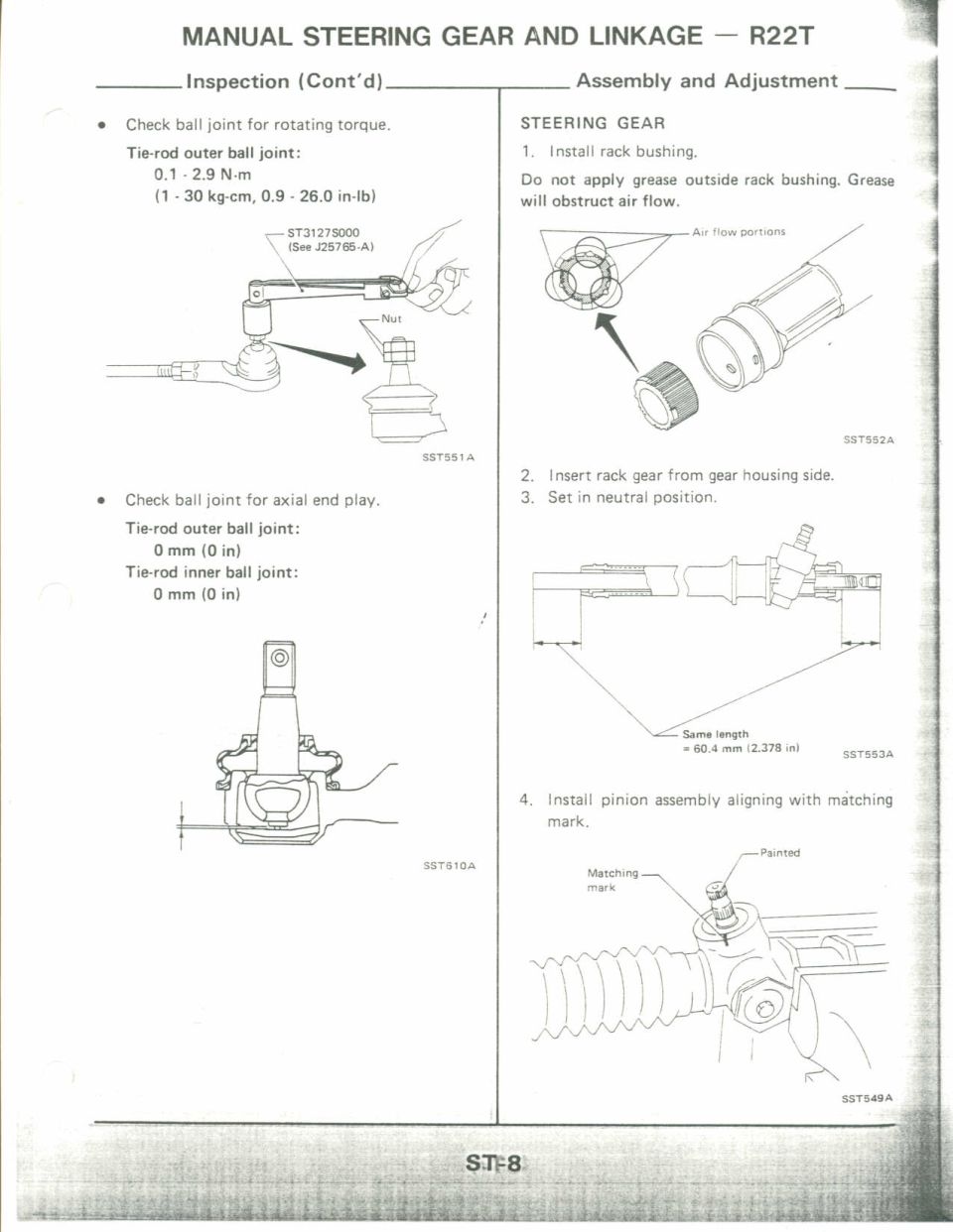 Manual steering gear R22T inspection and assembly: ball-joint torque and rack bushing install