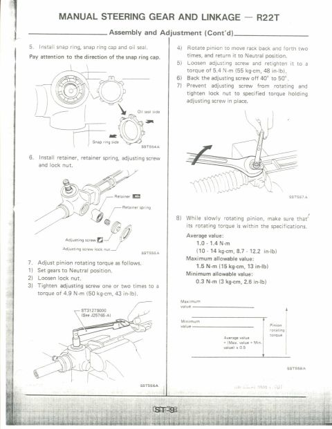 1990 Nissan Micra - Service manual page detailing the assembly and adjustment of manual steering gear and linkage.