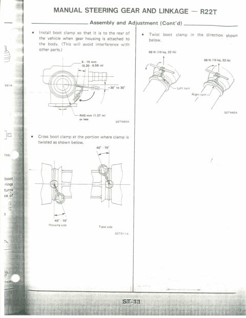 1990 Nissan Micra - Diagrams illustrate the assembly and adjustment of manual steering gear and linkage, including boot clamp installation and torque specifica…