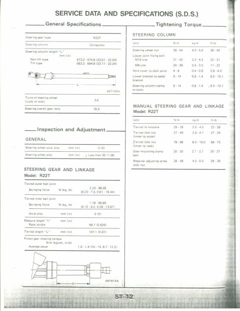 1990 Nissan Micra - This document details steering gear and linkage specifications and tightening torque for a model R22T.
