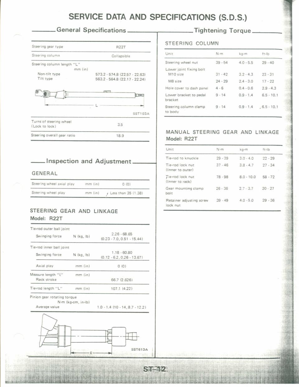 Steering Service Data and Specifications R22T: gear ratio, column length and tightening torques