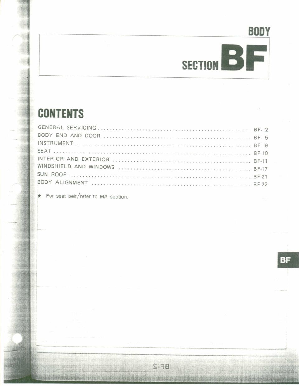 Service manual page for Body Section BF with contents list