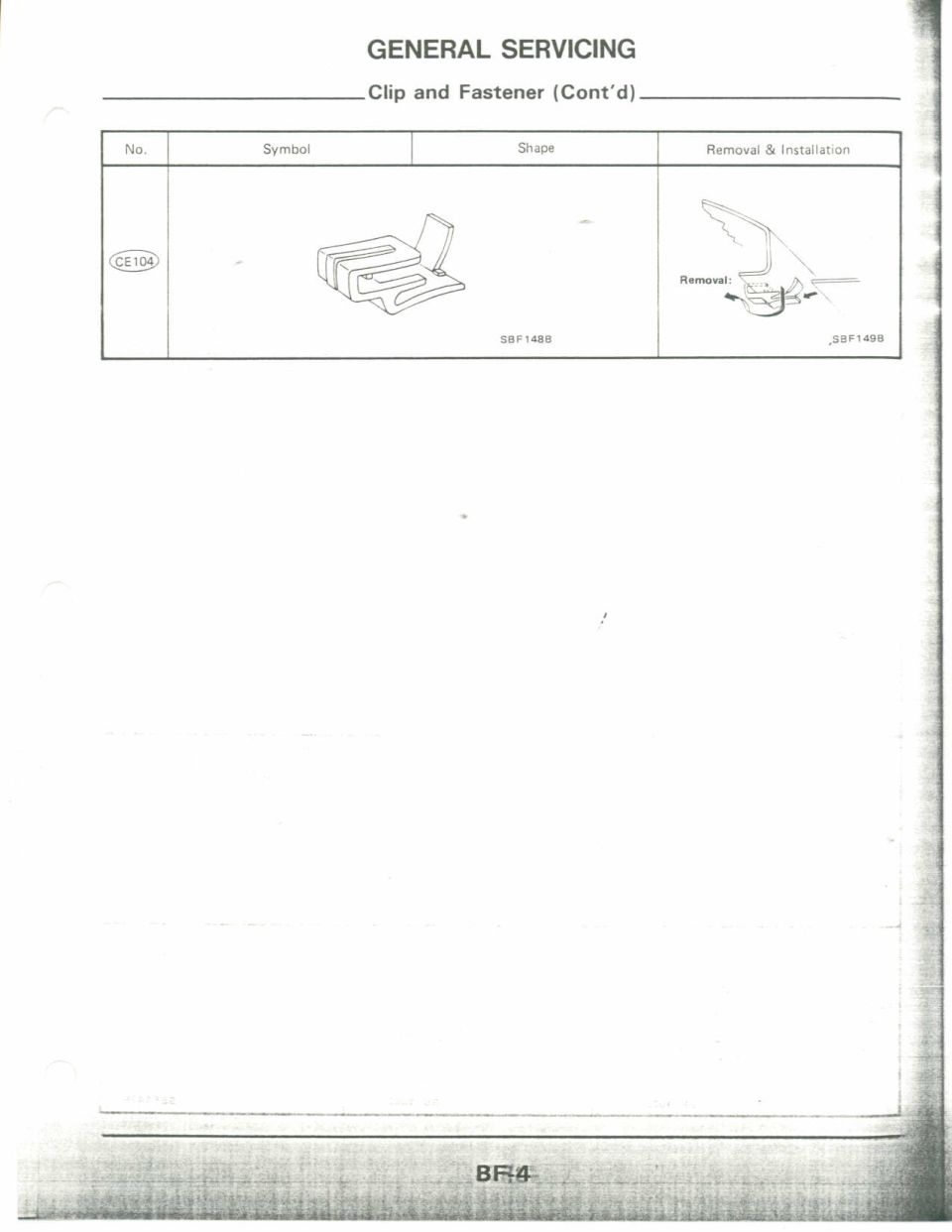 Service manual page showing clip CE104 shape and removal diagram