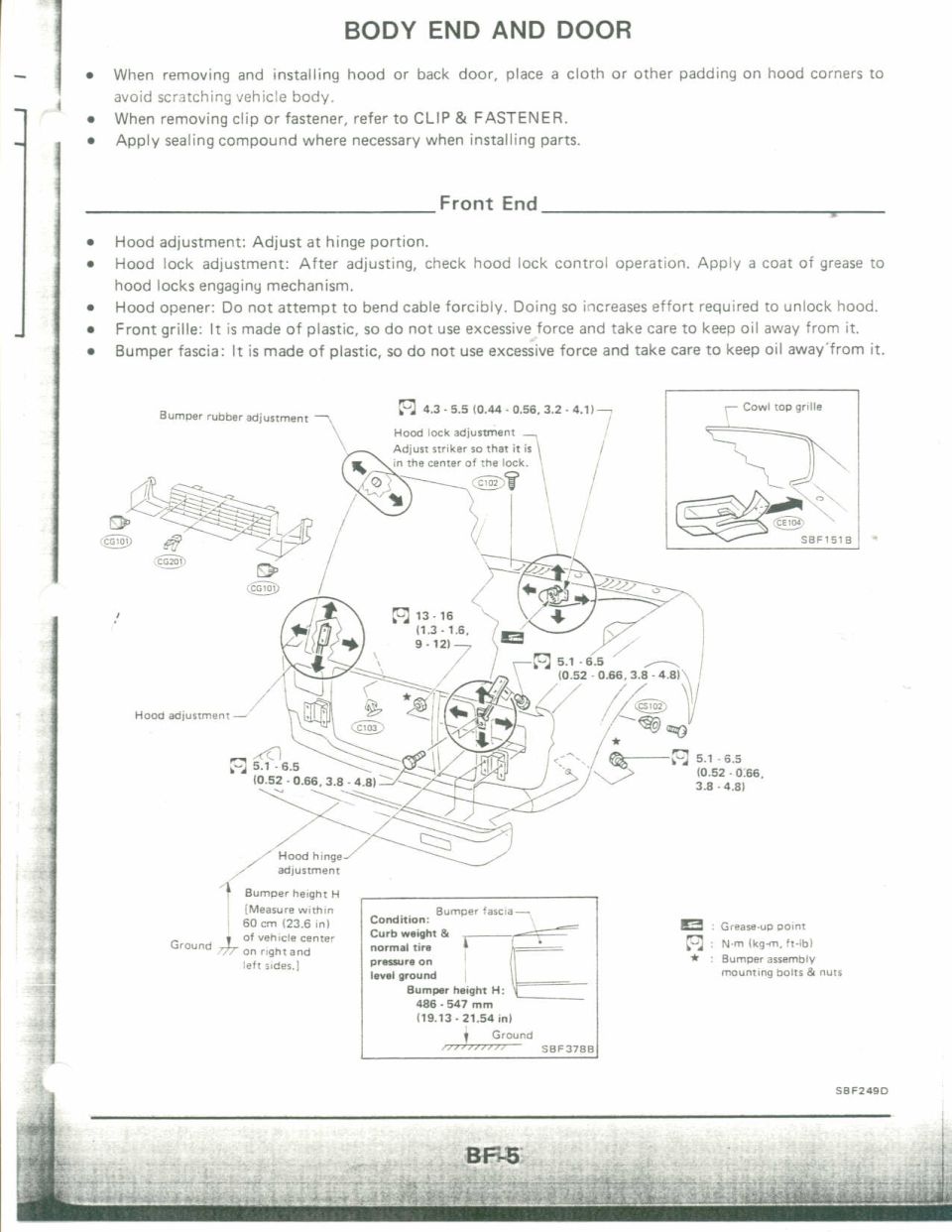 Service manual page: body, hood, and front-end adjustment with figures and torque values