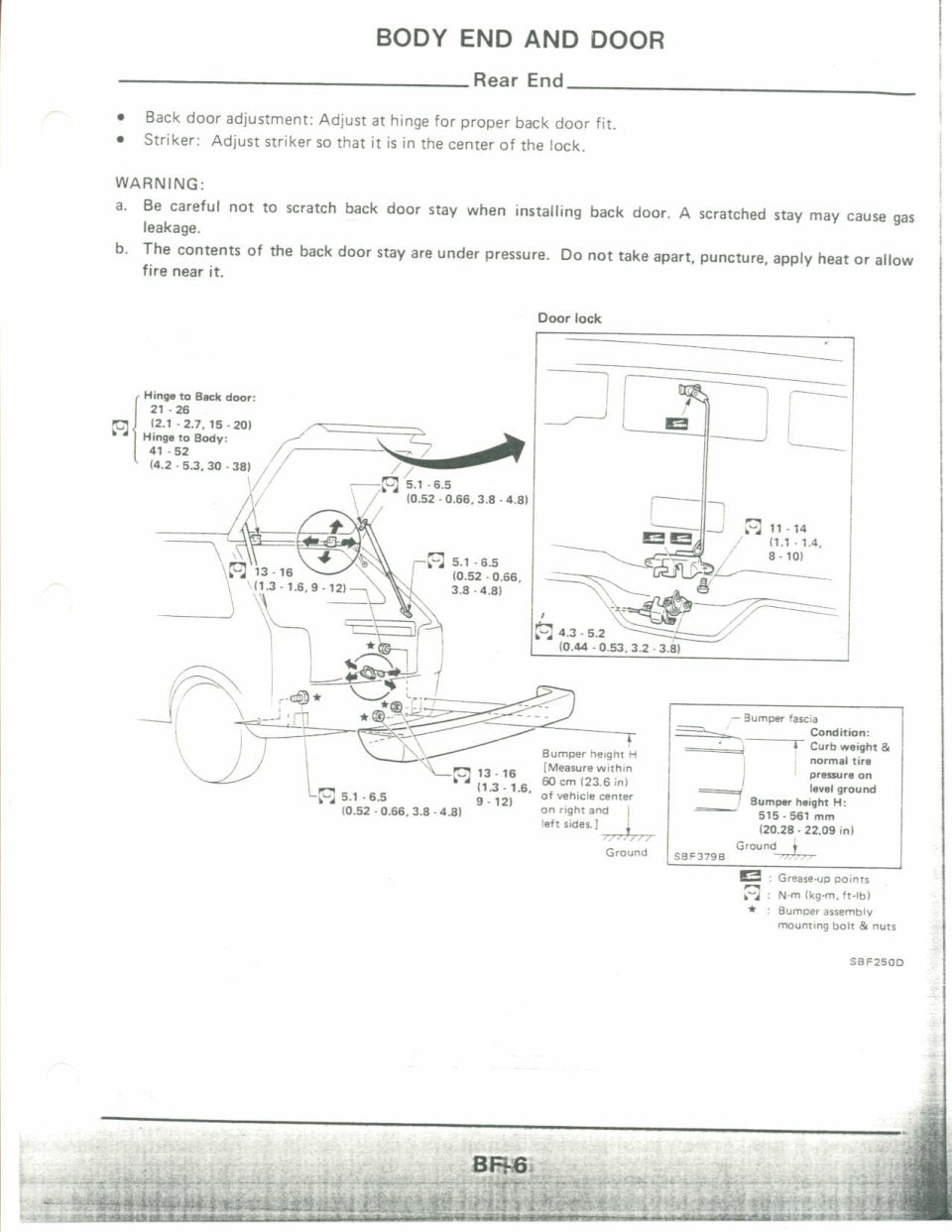Service manual page: rear-end back-door and bumper adjustment with figures and specs