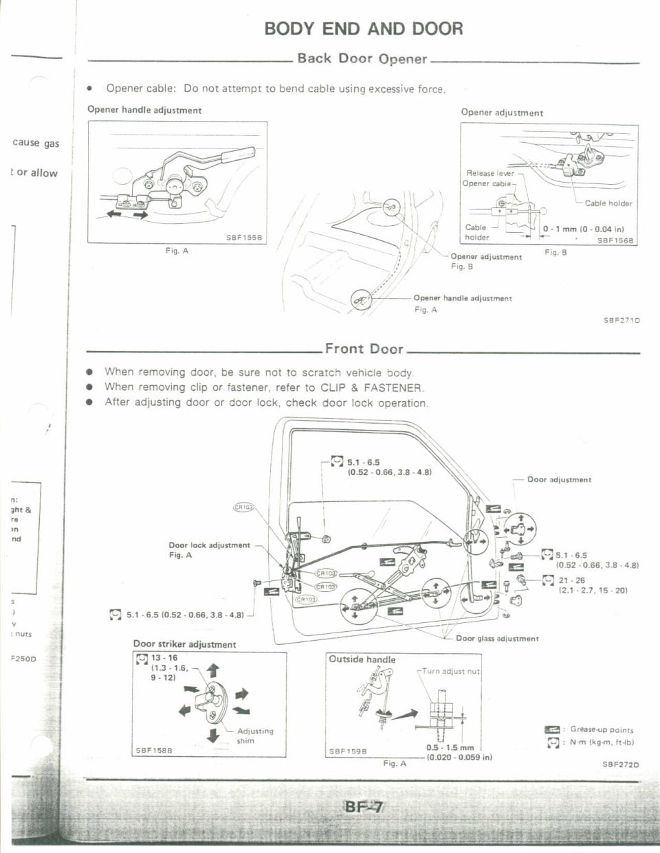Service manual page: back-door opener and front-door adjustment figures