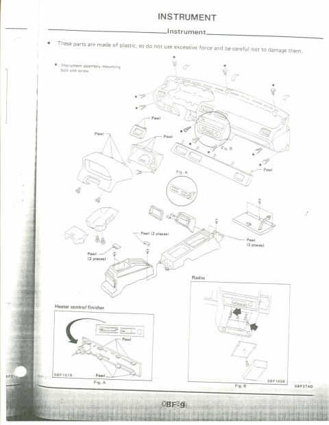 1990 Nissan Micra - Exploded view of interior components, including the instrument panel and radio assembly.