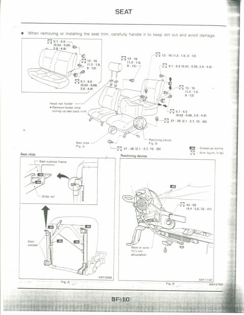 1990 Nissan Micra - Service manual page detailing seat removal and installation procedures, including diagrams of seat slides and reclining mechanisms.