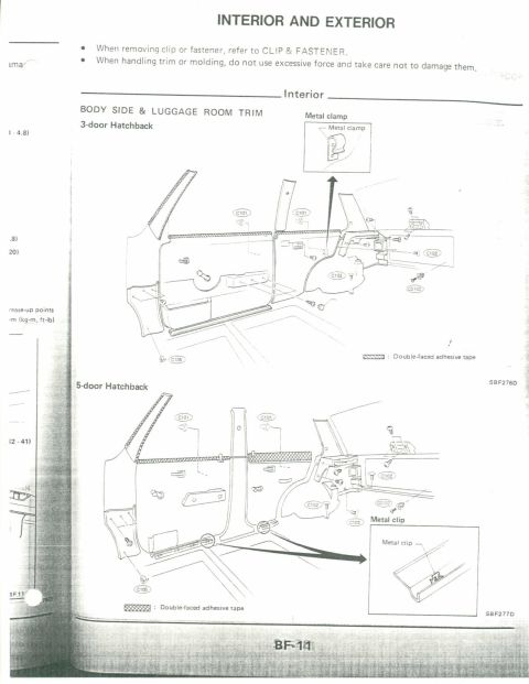 1990 Nissan Micra - Service manual diagram illustrates interior trim installation for different hatchback models.