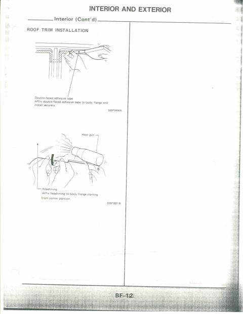 1990 Nissan Micra - This document details the process for installing roof trim, including the use of adhesive tape and a heat gun.