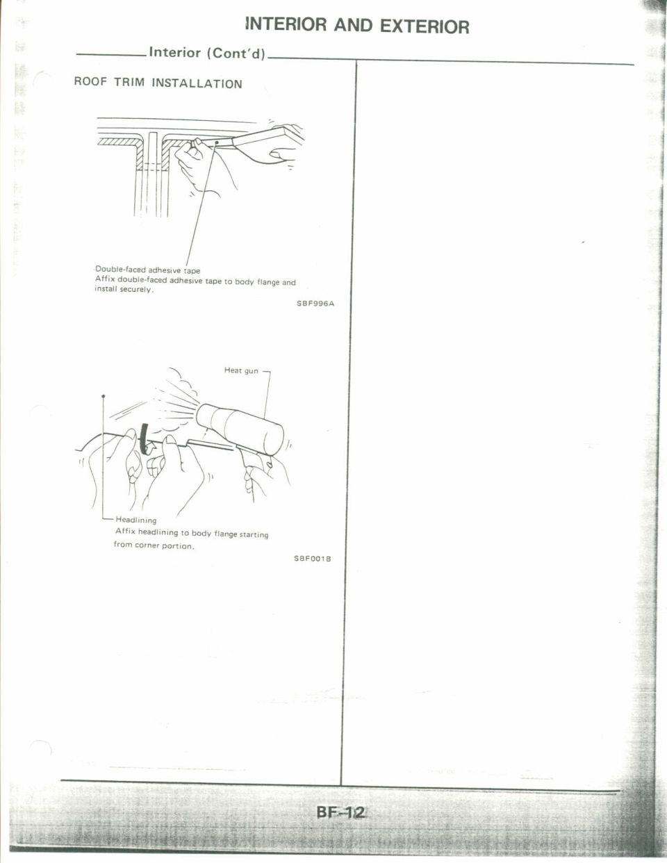 Service manual page: roof trim and headlining installation with heat-gun figure