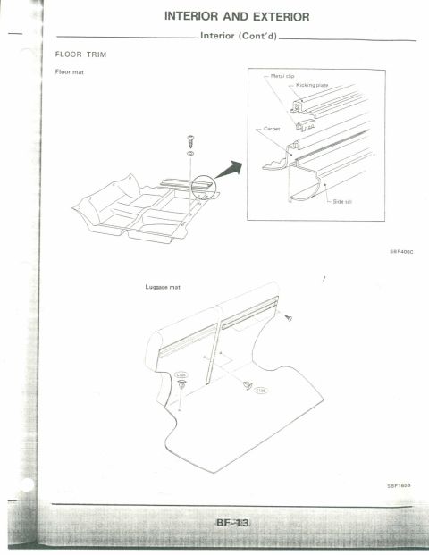 1990 Nissan Micra - Diagrams illustrate the floor trim and luggage mat components and their installation within a vehicle's interior.