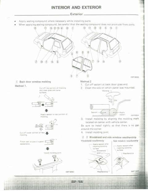 1990 Nissan Micra - This diagram illustrates the process for installing exterior moldings and weatherstripping on a vehicle.