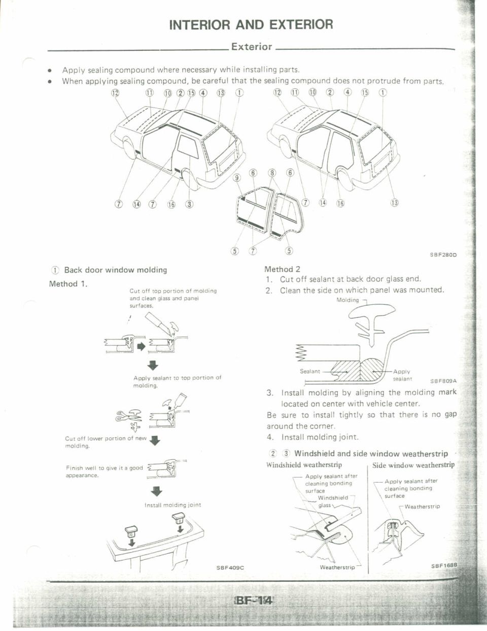 Service manual page: exterior molding and weatherstrip sealing installation figures