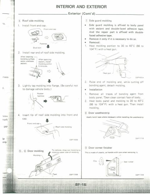 1990 Nissan Micra - Diagrams illustrate the installation and removal of various exterior car parts, including moldings and weatherstrips.