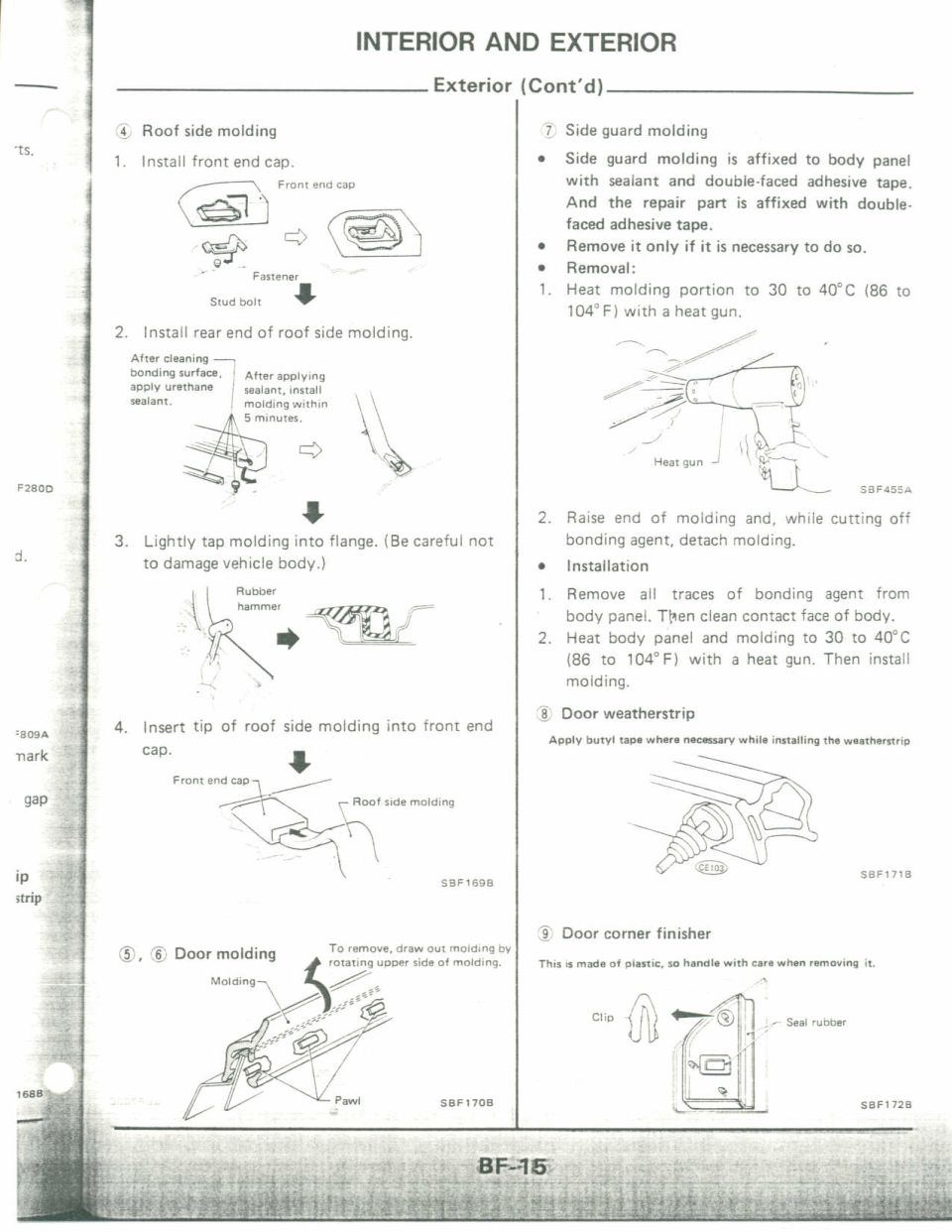 Service manual page BF-15 with exterior molding installation diagrams.