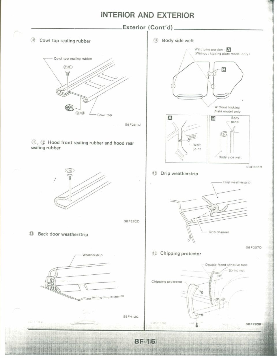 Service manual page: cowl, hood, and body-side sealing rubber and weatherstrip details