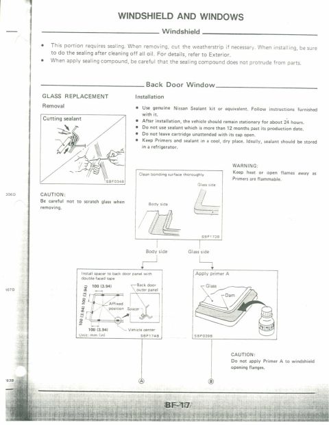 1990 Nissan Micra - This document details windshield and back door window installation and glass replacement procedures.