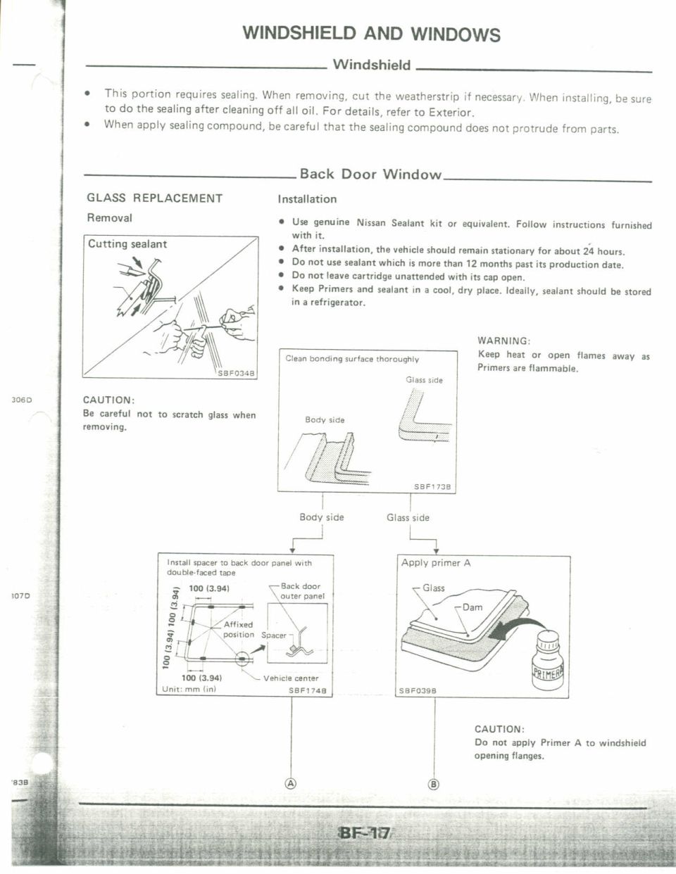 Service manual page on windshield and back door window glass replacement with diagrams.