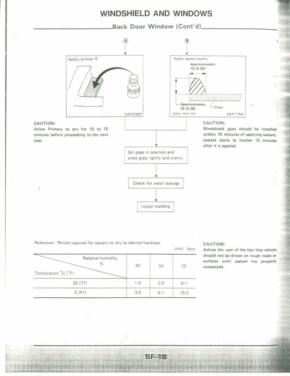 Service manual page BF-18 on back door window glass primer and sealant installation