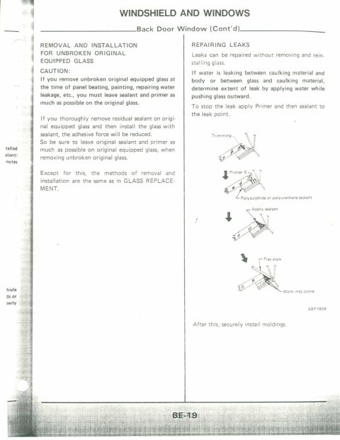1990 Nissan Micra - This document page details the removal and installation of back door windows and repairing leaks.