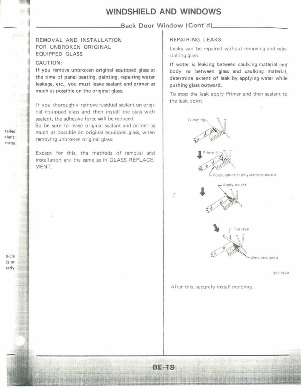 Service manual page on windshield/back door window glass removal and leak repair with diagrams