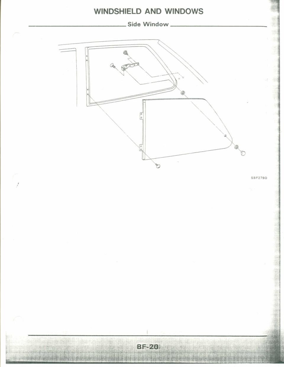 Parts diagram of side window glass and mounting hardware
