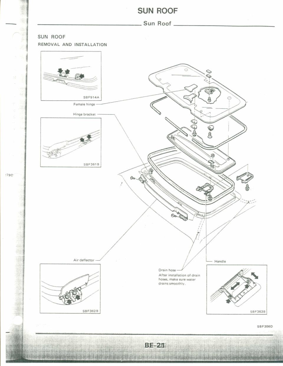 Exploded view of sun roof assembly with hinges, deflector, drain hose, and handle