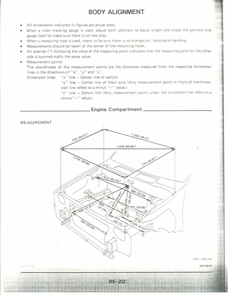 Body alignment dimensioned drawing of engine compartment with measurement points