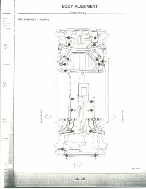 1990 Nissan Micra - This diagram illustrates the underbody measurement points for body alignment.