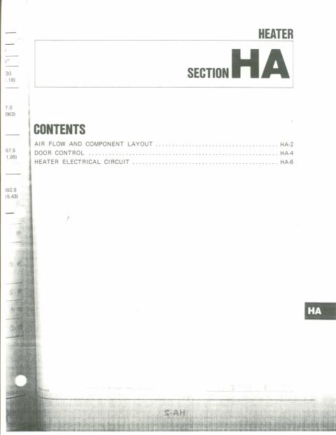 1990 Nissan Micra - This document page details the contents of the heater section HA, including air flow, door control, and electrical circuits.
