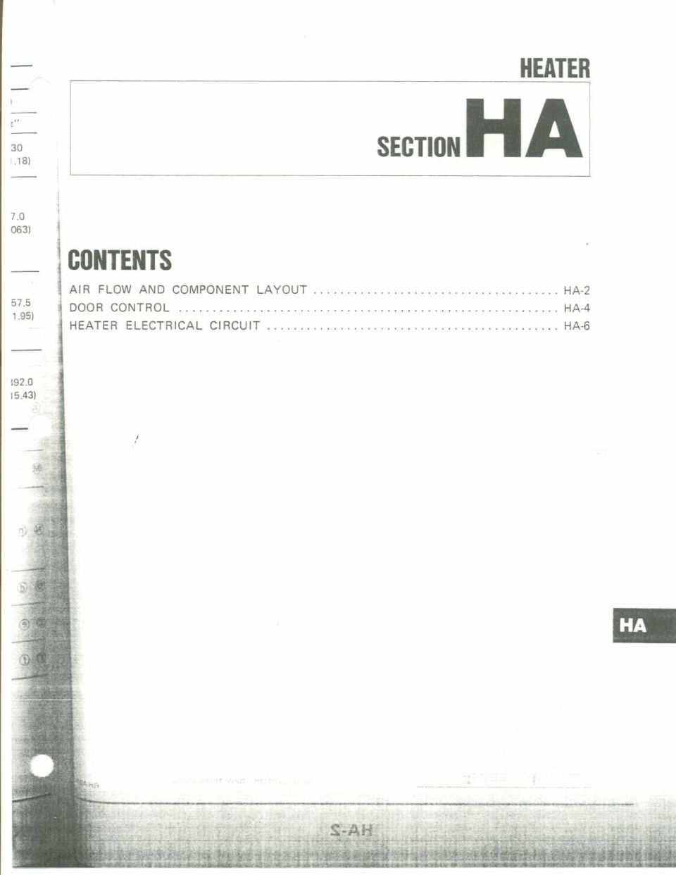 Service manual page for Heater Section HA with contents listing.