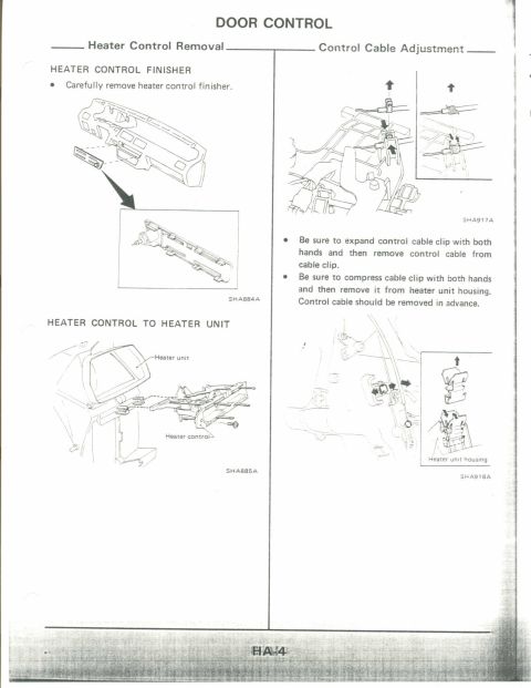 1990 Nissan Micra - Service manual page detailing door control removal and cable adjustment steps.