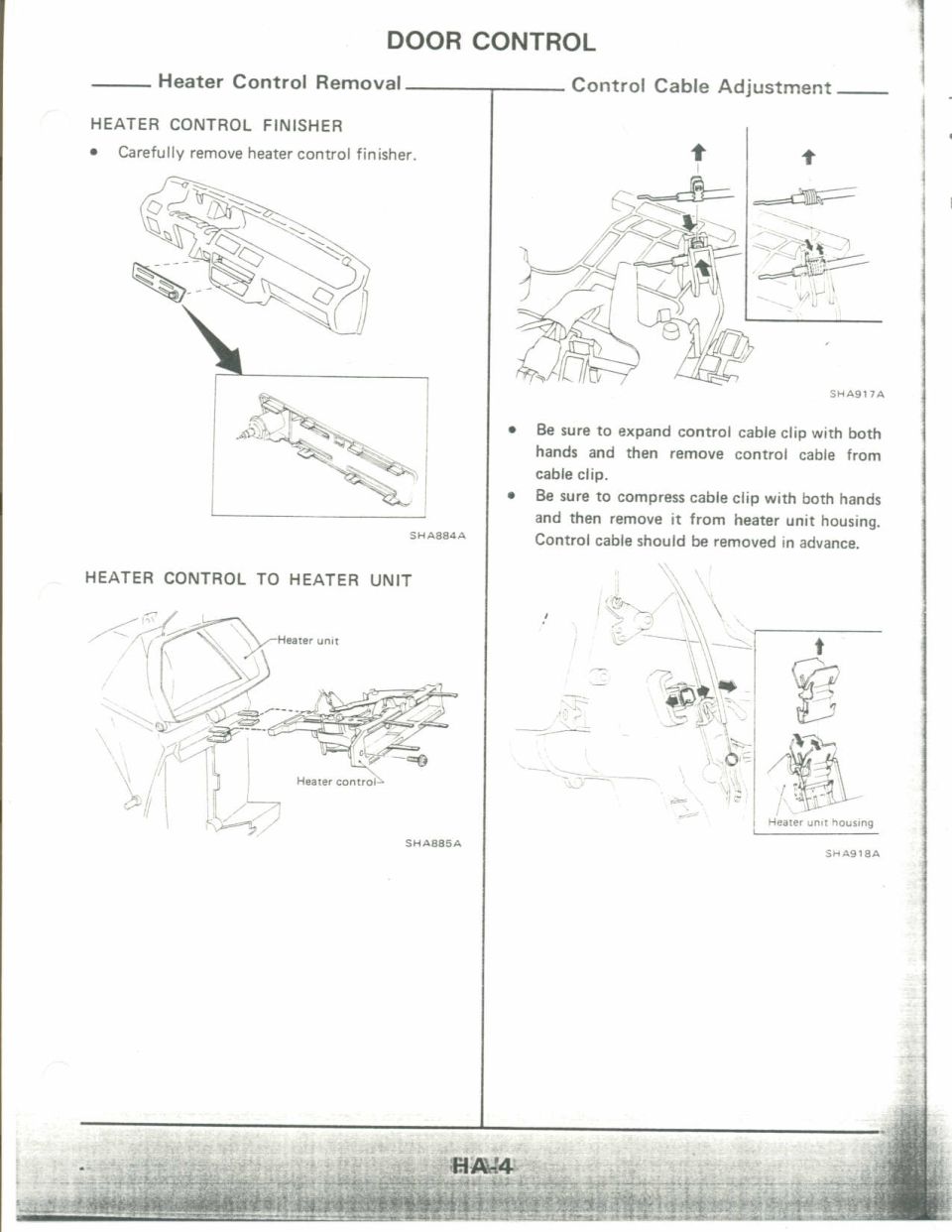 Service manual page: heater control removal and control-cable adjustment figures