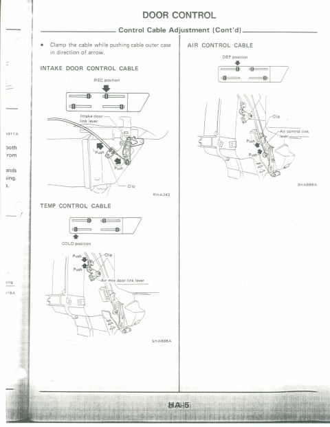 1990 Nissan Micra - This document provides diagrams for adjusting various control cables related to a vehicle's door control system.