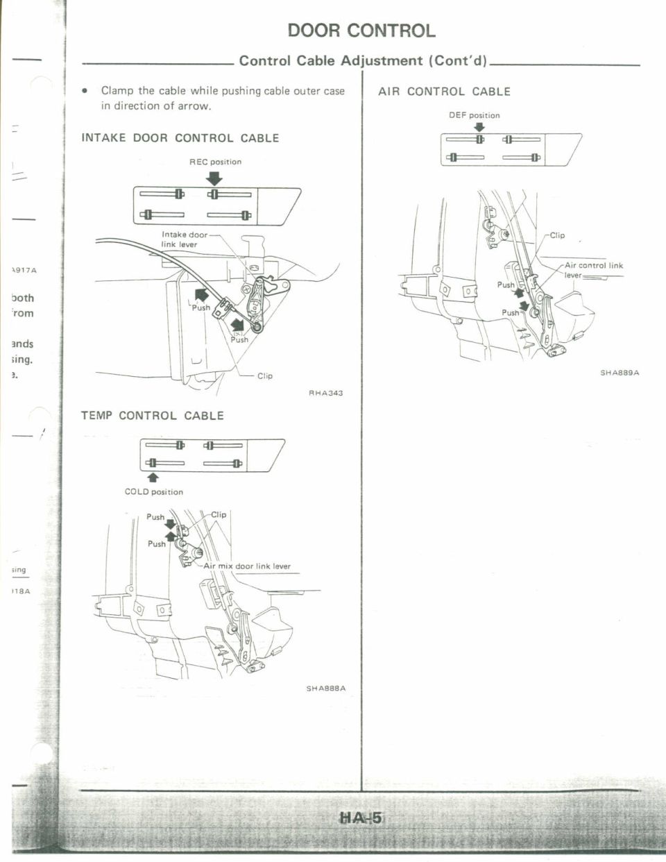 Service manual page: intake, temp, and air control cable adjustment figures
