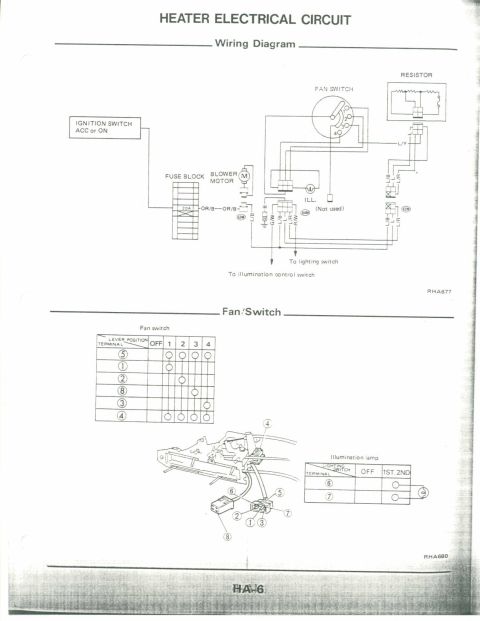 1990 Nissan Micra - This diagram illustrates the heater electrical circuit, detailing the fan switch and illumination lamp connections.