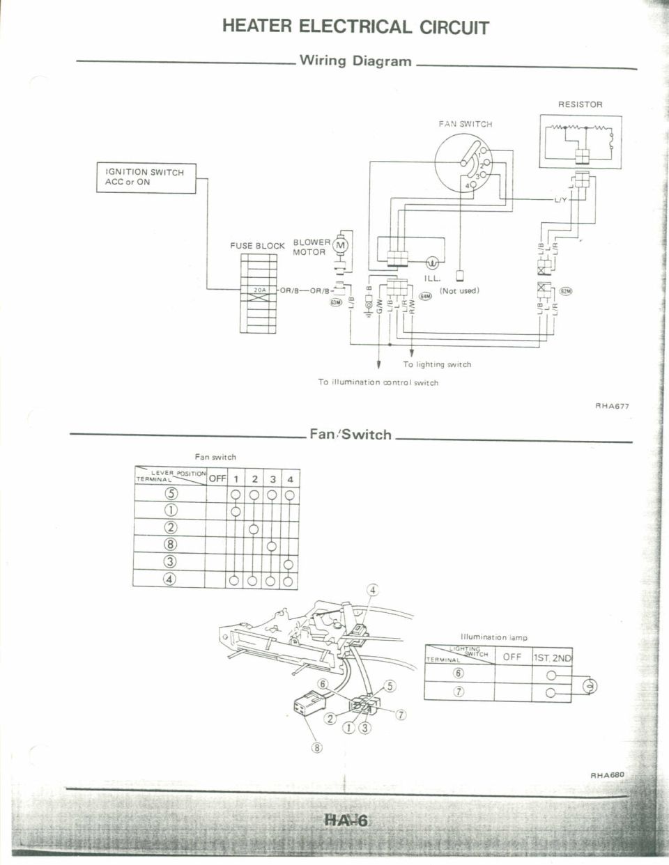 Heater electrical circuit wiring diagram with blower motor, fan switch resistor and fan-switch position chart