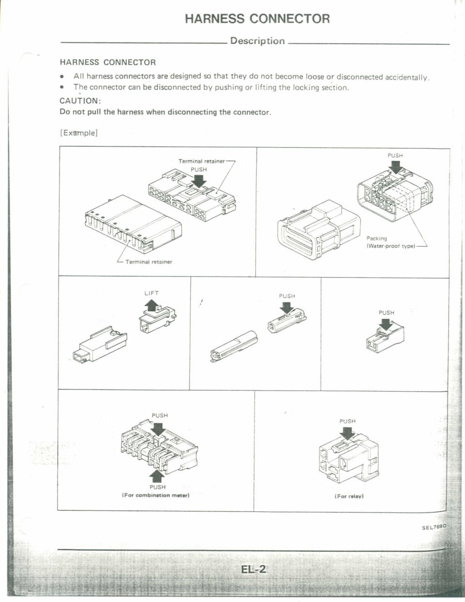 Harness connector description: how to release locking sections and push/lift to disconnect