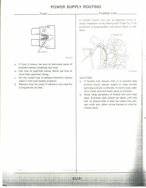 1990 Nissan Micra - Diagrams illustrate fuse inspection and fusible link caution, detailing power supply routing.
