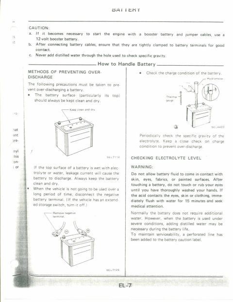 1990 Nissan Micra - Service manual page explains how to handle and maintain a car battery, covering discharge prevention and electrolyte checks.
