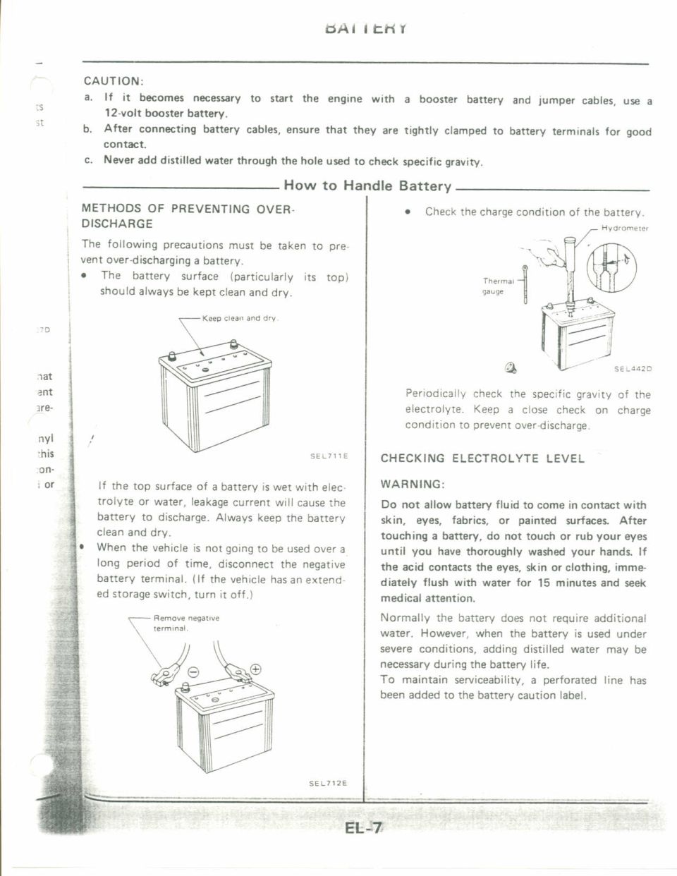 Service manual page EL-7 on battery handling with line drawings of a car battery