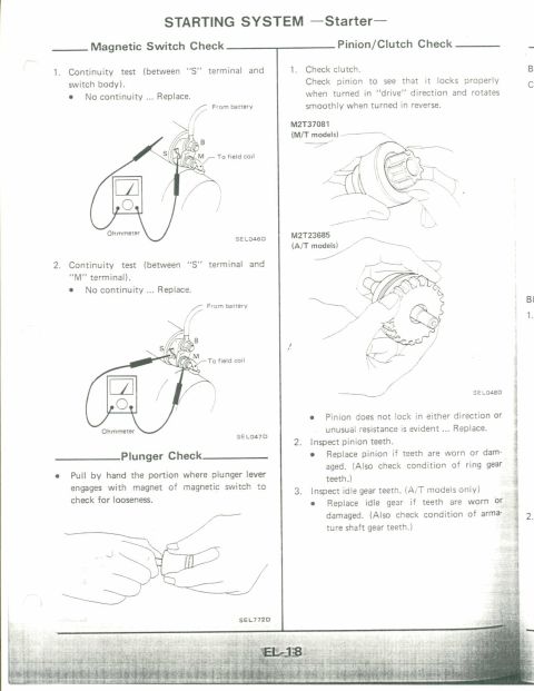 1990 Nissan Micra - This document outlines procedures for checking a vehicle's starter system, including magnetic switch and pinion/clutch tests.