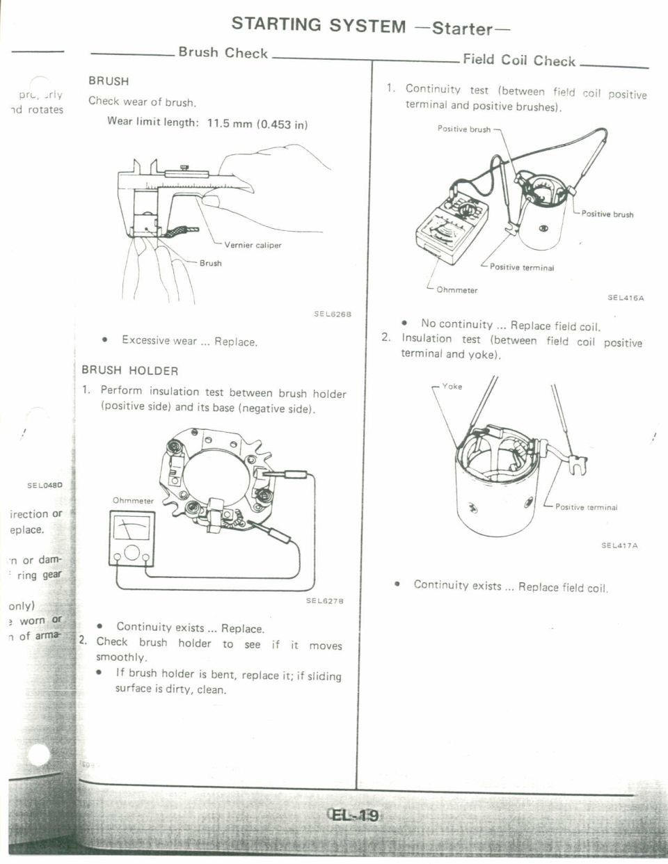 Service manual page: starter brush, brush holder, and field coil check figures