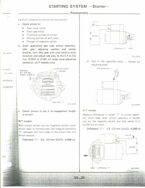 1990 Nissan Micra - This document provides instructions and diagrams for the reassembly of a starter motor, including specific measurements for clearance.