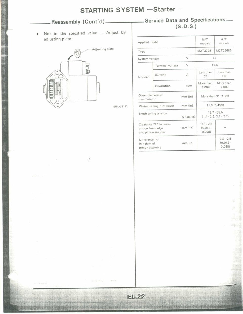 Service manual page showing starter motor diagram and specifications table.