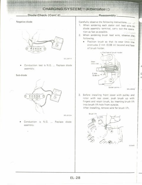 1990 Nissan Micra - Alternator repair diagrams detail diode checks and reassembly steps.
